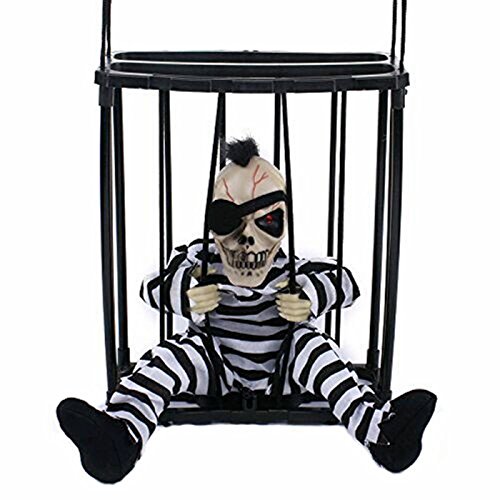 Halloween Motion Sensor Hanging Caged Animated Jail Prisoner Skeleton