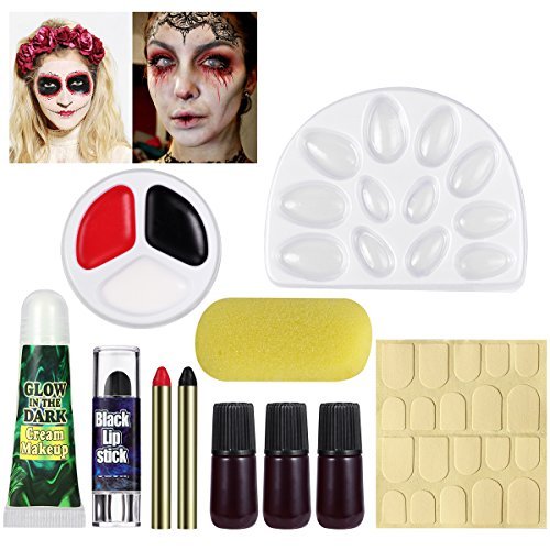 UNOMOR Halloween Makeup Kit with Fake Blood and Glow in Dark Nails for ...