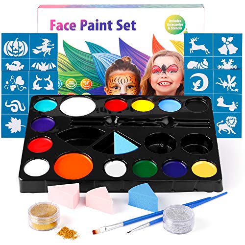 Amzdeal Face&Body Paint Kit for Kids/Adults Facial Painting Kit with 14 Colors,2 Glitter, 2 Soft